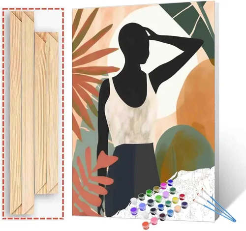 Miniatura 9 de Pintura de niña afro a la moda, kits de pintura por números, 16 x 20 pulgadas, lienzo de hojas tropicales, pintura al óleo para niños y adultos