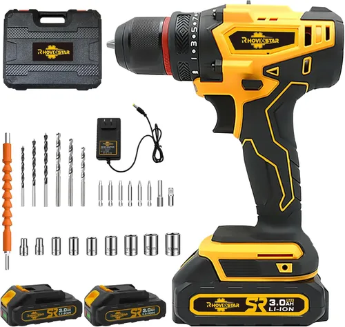 Rhovixster - Taladro eléctrico inalámbrico de 20 V, 2 velocidades con 2 baterías y cargador rápido, portabrocas sin llave de 3/8 pulgadas, kit de 2