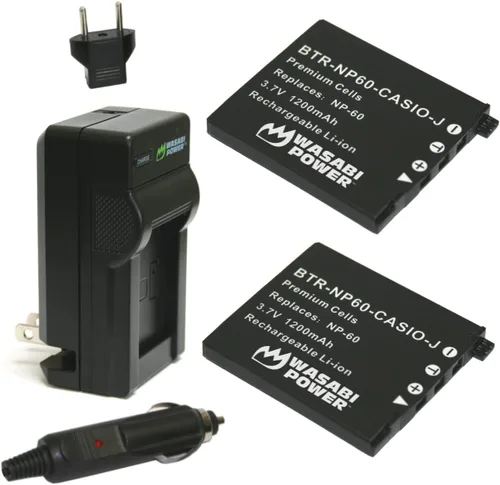Wasabi Power Batería (paquete de 2) y cargador para Casio NP-60 y Casio Exilim EX-FS10, EX-S10, EX-S12, EX-Z9, EX-Z19, EX-Z20, EX-Z21, EX-Z25,