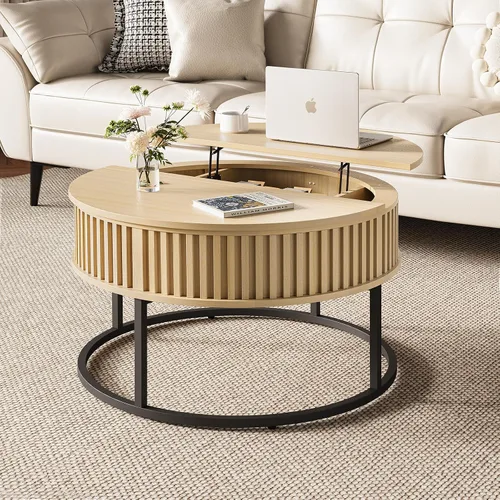 Miniatura 8 de Mesa de centro redonda con parte superior elevadora, mesas de centro de madera estriada para sala de estar, elevación para comedor, gran