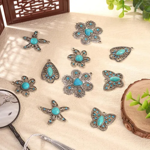 Miniatura 7 de PH PandaHall PandaHall - 10 dijes bohemios de mariposa turquesa en 5 estilos de flores turquesas, dijes de joyería occidental para manualidades