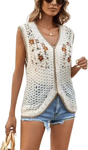 Miniatura 5 de Verdusa Cárdigan de punto sin mangas con cuello en V y bordado floral para mujer