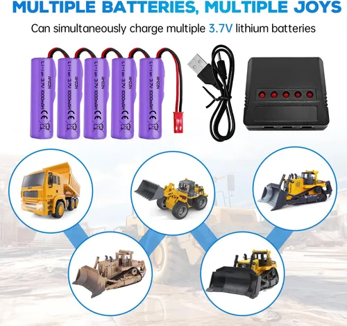 Miniatura 2 de Batería de iones de litio de 3.7 V 1000 mAh con enchufe JST-2P y cargador de 1 a 5 para Huina 1337 1338 1516 1517 RC vehículo de ingeniería