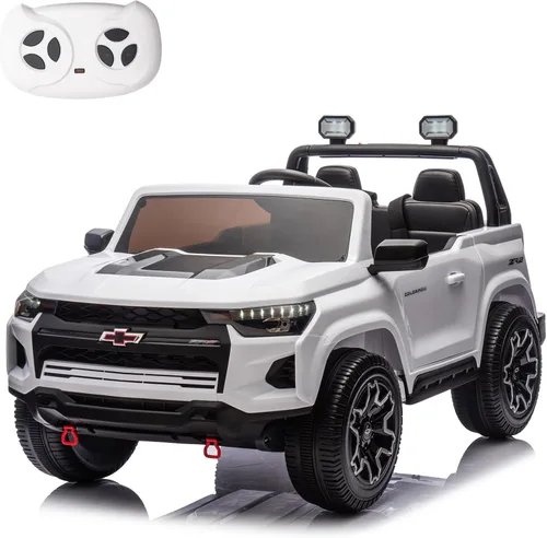 POSTACK Vehículo de juguete para niños de 24 V y 7 Ah con licencia oficial de Chevrolet de 2 asientos con control remoto, luces LED y reproducción