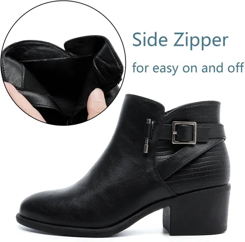 Miniatura 3 de Luoika Botines anchos para mujer, botas cortas negras y marrones con tacón bajo y cremallera lateral.