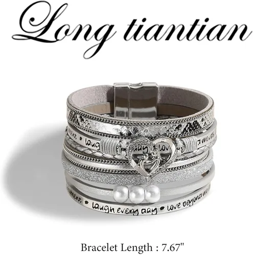 Miniatura 7 de Long tiantian Pulsera de cuero para mujer, pulsera de cuero moderna con corazón de perlas, bohemia, multicapa, joyería con cierre, pulsera de regalo