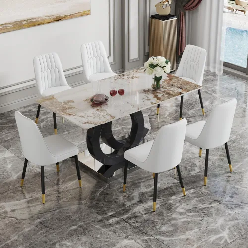 Juego de mesa de comedor MUUOKY para 6, mesa de cocina y sillas para 6, superficie de mesa de piedra sinterizada con 6 sillas de comedor modernas