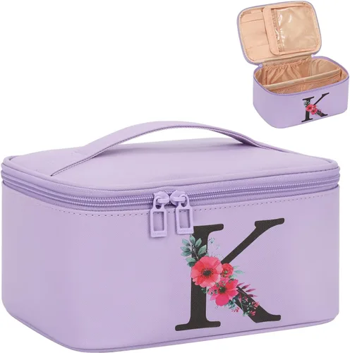 Miniatura 35 de OCHEAL Bolsa de maquillaje personalizada, bolsa de maquillaje beige para mujer, kit de aseo de viaje con monograma, organizador de cosméticos listo