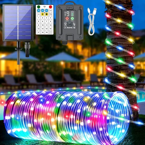 Miniatura 12 de Nuevas luces de cuerda solares mejoradas para exteriores, impermeables, 32m, 300 LED, luces de tira solares con control remoto, temporizador