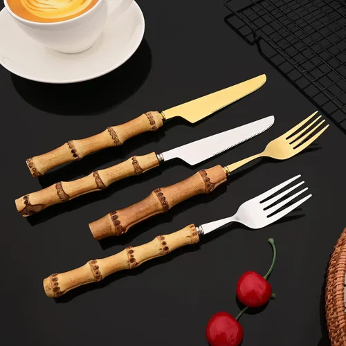 Miniatura 6 de JASHII Juego de cubiertos de 30 piezas con mango de bambú, juego de cubiertos dorados de acero inoxidable 304, servicio para 4, con 2 cucharas