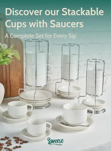 Miniatura 8 de SWEESE - Tazas de porcelana apilables, de 8 onzas, con platillos y soporte de metal, para bebidas especializadas del café, capuchino, latte, Blanco
