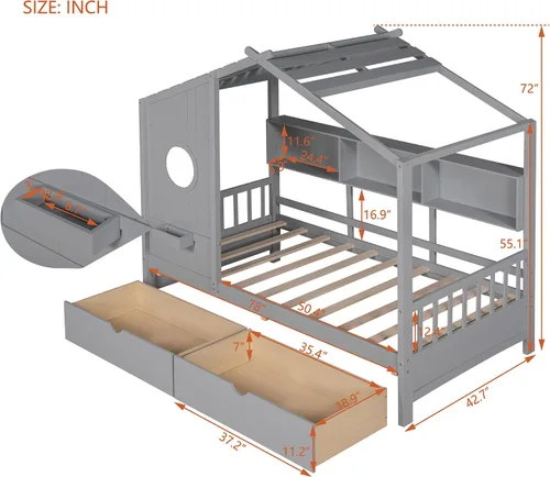 Miniatura 2 de MERITLINE Montessori - Cama de casa de tamaño individual con 2 cajones y estantes de almacenamiento, marco de cama de madera para niños, tienda
