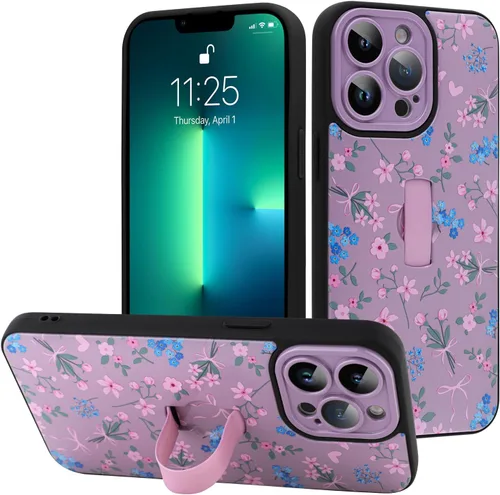 Miniatura 17 de Funda diseñada para iPhone 17 Pro Max con soporte plegable y correa para dedos, bonito patrón de lazo de corazón de flor rosa para mujeres y niñas