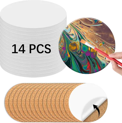 14 azulejos redondos de cerámica para manualidades de 4 x 4 pulgadas y tapete de corcho autoadhesivo, posavasos de cerámica sin esmaltar para