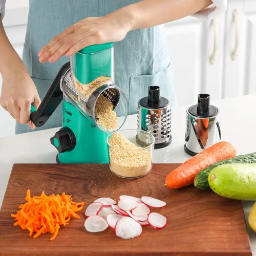 Miniatura 8 de Rallador de queso giratorio Geedel con 3 cuchillas intercambiables, rallador de mandolina de cocina para verduras, frutas, nueces, fácil de limpiar