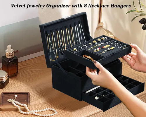 Miniatura 5 de Joyeros para mujer, organizador de joyas de terciopelo negro con cerradura, organizadores de joyas para adolescentes, organizador de joyas