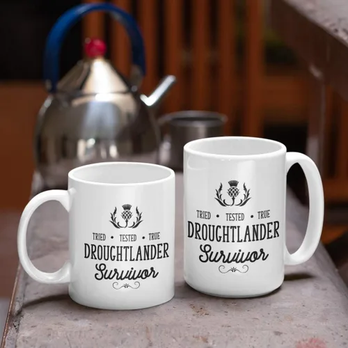 Miniatura 6 de Droughtlander Survivor Mug Relief Parody for Outlander Fan for Her Funny 11 o 15 oz. Serie de TV Scottish Highlander Taza de té de cerámica blanca