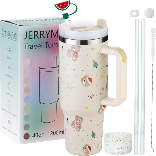 Miniatura 9 de Vaso de 40 onzas con asa y tapa con popote, Vasos aislados de acero inoxidable de pared doble con sello al vacío, Taza de viaje para bebidas frías