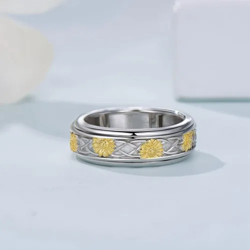 Miniatura 3 de Anillo giratorio de plata de ley 925 con girasol, anillos giratorios para aliviar el estrés, joyería de regalo para mujeres y niñas