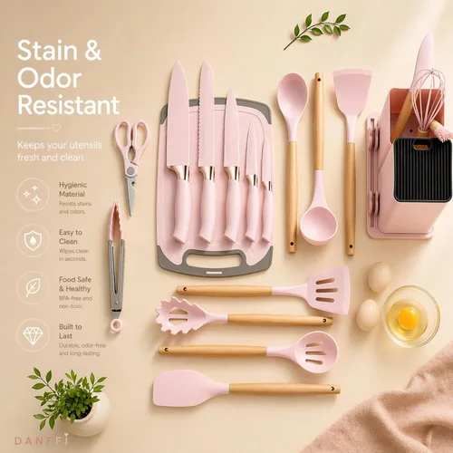 Miniatura 3 de Juego de cocina rosa de 19 piezas para el primer apartamento, utensilios completos de cocina de silicona con asas de madera, juego de cuchillos