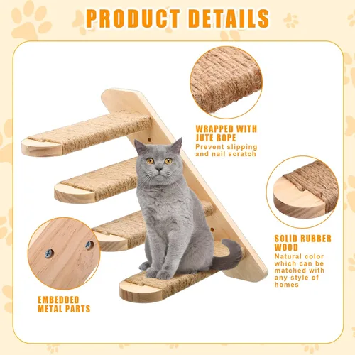 Miniatura 3 de Paquete de 2 estantes de escalada para gatos montados en la pared Escalera de madera para gatos Escalera de escalada para gatos de 4 escalones