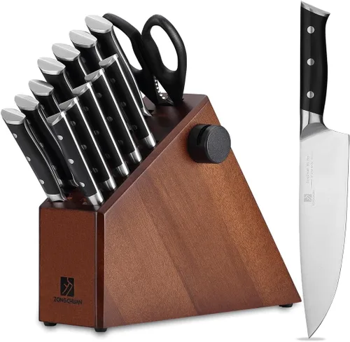 Juego de cuchillos, juego de cuchillos de cocina de 15 piezas con bloque y afilador, acero inoxidable de alto carbono 50Cr15Mov, cuchillos