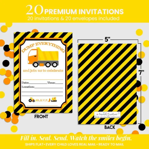 Miniatura 6 de AmandaCreation - Invitaciones para fiestas de cumpleaños de construcción de camiones volquete de Dump Everything, 20 tarjetas de relleno de 5 x 7