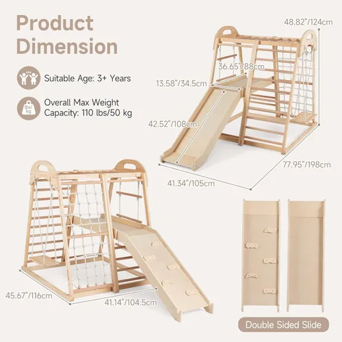 Miniatura 7 de OLAKIDS Gimnasio interior de la selva, 8 en 1 de madera Montessori juguetes de escalada para niños pequeños con rampa ajustable deslizante, escalera