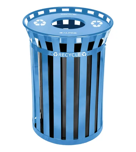 Alpine Bote de basura comercial para exteriores, 38 galones, resistente, color azul, con forro, tapa superior abierta, resistente a todo tipo de
