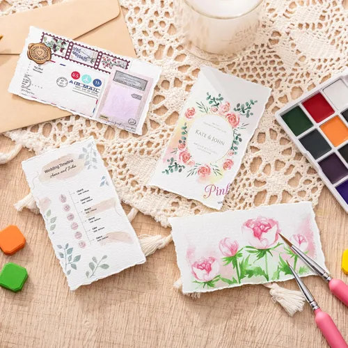 Miniatura 7 de 50 hojas de papel con borde deshilachado de 2 x 3.5 pulgadas, 160 g/m² Papel hecho a mano con textura áspera para acuarela, ideal para invitaciones