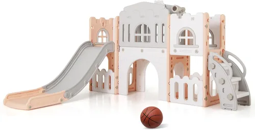 Miniatura 11 de Costzon Juego de tobogán infantil 8 en 1, tobogán independiente para niños con túnel, aro de baloncesto, juego de tobogán escalador para niños de 1