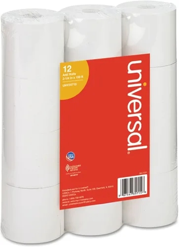 UNV35715 Rollo de papel para calculadoras o máquinas para hacer cuentas, de 2-1/4 pulgadas x 150 pies, color blanco. Paquete de 12 unidades.