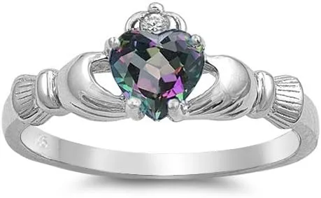 Miniatura 3 de Anillo Claddagh de plata de ley con topacio místico y circonita cúbica, 0.354in (tamaño 3 a 13)