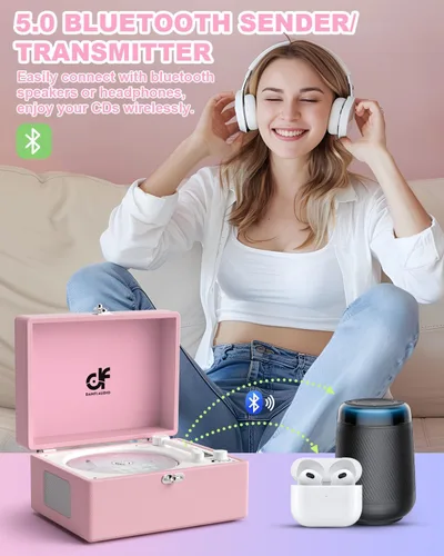 Miniatura 4 de Reproductor de CD con altavoces estéreo, transmisión inalámbrica de entrada/salida Bluetooth, batería recargable, reproductor de CD retro USB