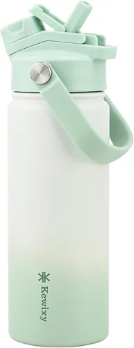 KEWIXY Botella de agua aislada de 18 onzas con pajilla, tapa 2 en 1, popote y boquilla, a prueba de fugas, soporte para vasos, acero inoxidable con