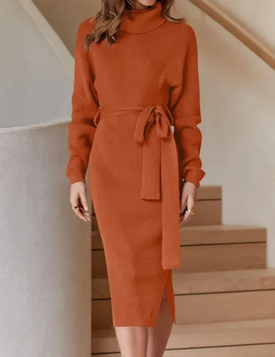 Miniatura 60 de ZESICA - Vestido por debajo de la rodilla de suéter, de cuello alto, para mujer, de manga larga, de punto acanalado, con abertura y cinturón