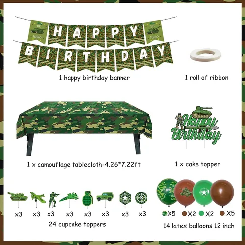 Miniatura 5 de Decoraciones de fiesta de cumpleaños de camuflaje para niños, niñas y adultos, pancarta de camuflaje de feliz cumpleaños, mantel, globos de látex