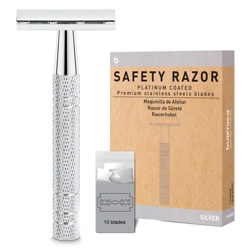 Miniatura 14 de Maquinilla de afeitar de seguridad azul, navajas de una sola hoja para hombres Reusable Metal Razor, with 10 Platinum Coated Double Edge Blades