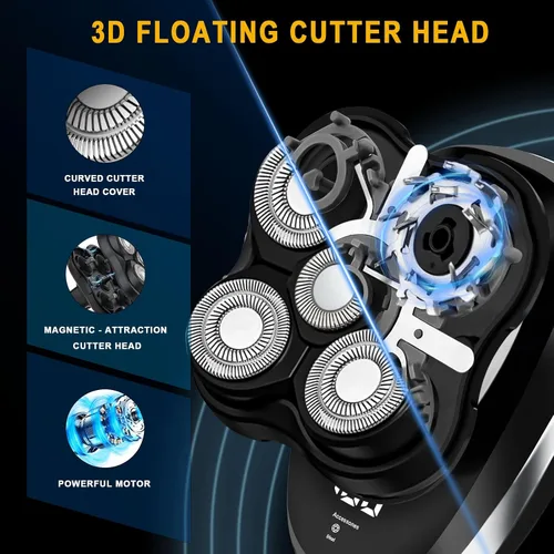 Miniatura 3 de Afeitadora de cabeza para hombres calvos, afeitadora eléctrica húmeda y seca con cabezal flotante 5D y cuchillas magnéticas, afeitadora recargable