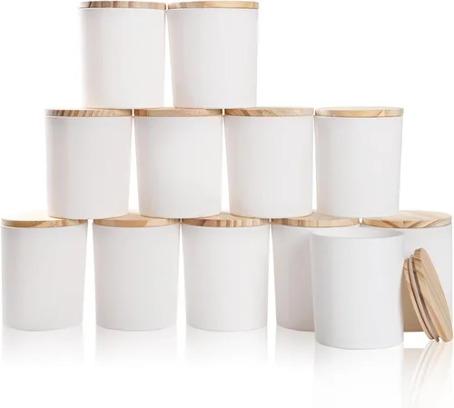 Miniatura 45 de SHOWIN Tarros de vela gruesos de 14 OZ para hacer velas 12 Piezas, tarros vacíos de 3 mechas con tapas de madera para hacer velas, recipiente