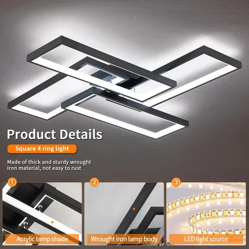 Miniatura 6 de Shine LUEST Modernas luces LED de techo para dormitorio, 26 pulgadas, regulables, cuadradas, para sala de estar, con control remoto, lámpara negra