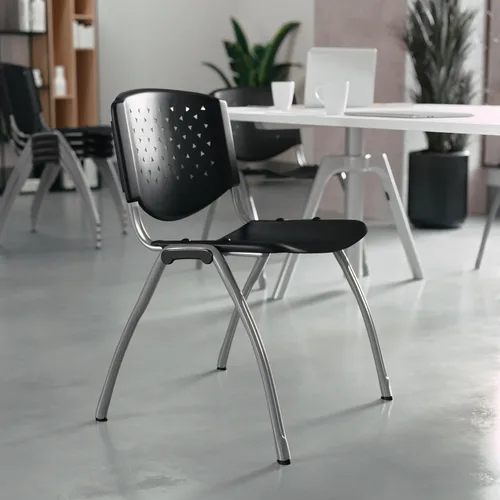 Miniatura 2 de Flash Furniture - Silla apilable de plástico negro de la serie HERCULES con capacidad de 880 lb. y marco recubierto en polvo de color gris titanio