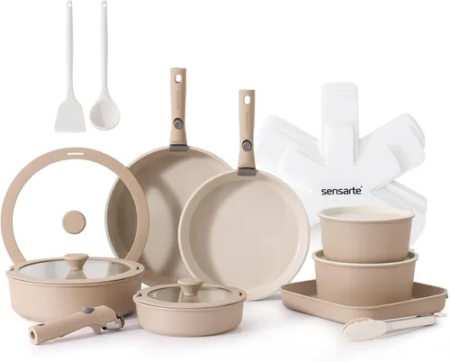 SENSARTE Juego de 24 ollas y sartenes de cerámica, antiadherentes con mango desmontable, utensilios de cocina de inducción con mango extraíble,