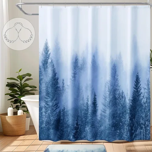 Miniatura 19 de ORTIGIA 36x72 Cortina de ducha de bosque nebuloso para baño pequeño, cortina de ducha estrecha de naturaleza y bosque en blanco y negro con ganchos
