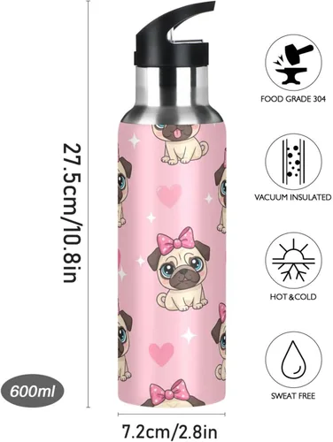 Miniatura 9 de Insulated Water Bottle 32 Oz, Leakproof Water Bottles for Gym Outdoor Travel School, Cute Cartoon Pugs Eyes