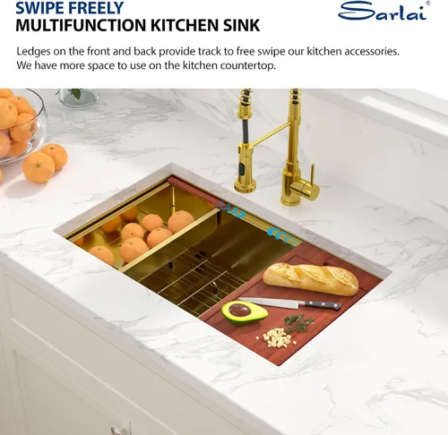 Miniatura 5 de Sarlai Fregadero de cocina empotrado de 30 pulgadas dorado - Fregadero de cocina de 76,2 cm x 45,7 cm con repisa para estación de trabajo de acero