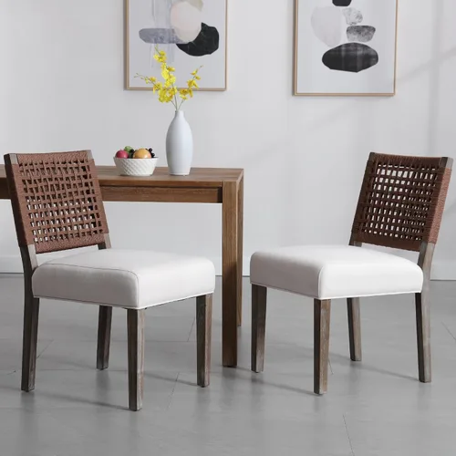 chairus Juego de 2 sillas de comedor tapizadas, sillas de comedor costeras bohemias con respaldo de cuerda tejida de nogal marrón, patas de madera
