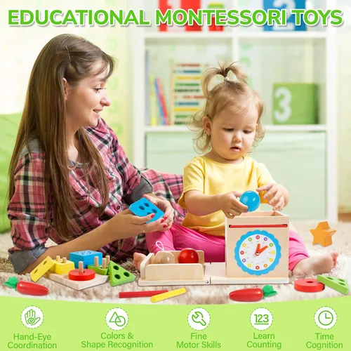 Miniatura 7 de JUSTWOOD Juguetes Montessori para niños de más de 1 año, kit de juego de madera 8 en 1, incluye caja permanente de objetos, cubo de actividades