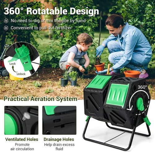 Miniatura 3 de Goplus Contenedor de compostaje, vaso de compostaje de doble cámara de 34.5 galones con 2 cámaras giratorias, puertas corredizas, compostador