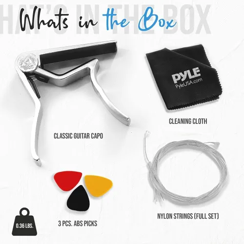 Miniatura 3 de Pyle PRTPGACLS821010 - Juego completo de accesorios de guitarra de 11 piezas, incluye 6 cuerdas de nailon Aquila, cejilla de guitarra, 3 púas